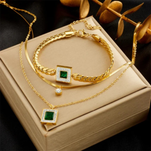 Fashion Women Square Chain Titanium Steel Electroplating Jewelry Set (Necklace and Bracelet)