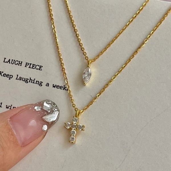 Modern Style Cross Sterling Silver Zircon Double Layer Necklace - Image 3