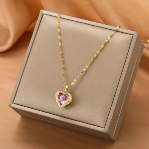 Fashion Heart Shape Titanium Steel Copper Plating Inlay Zircon Pendant Necklace