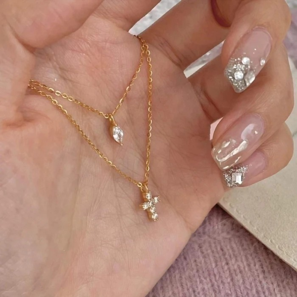 Modern Style Cross Sterling Silver Zircon Double Layer Necklace - Image 2