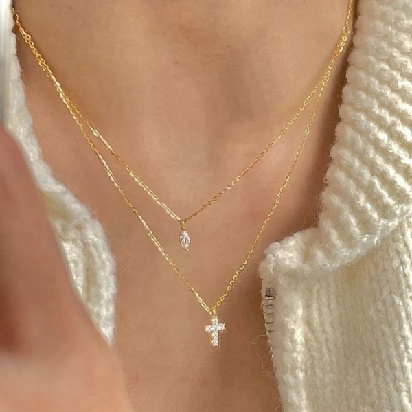Modern Style Cross Sterling Silver Zircon Double Layer Necklace