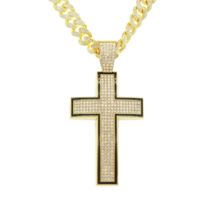 Fashion Full Diamond Cross Pendant Cuban Chain Alloy Necklace