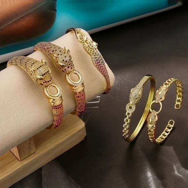 Hip-hop Leopard Copper 18k Gold Plated Pearl Zircon Bangle
