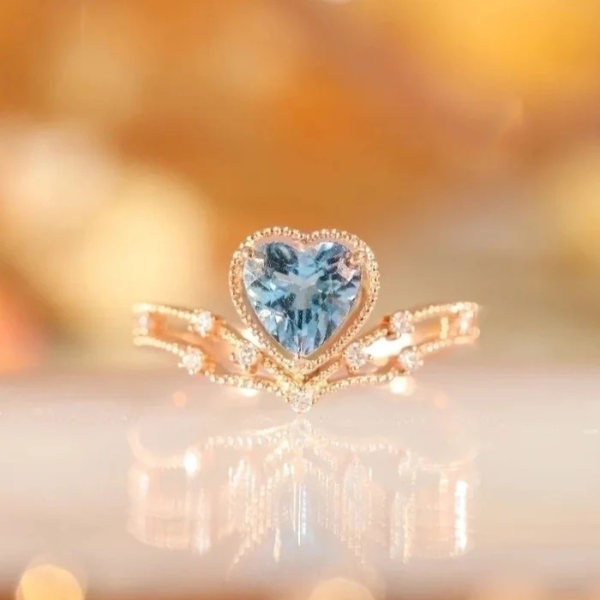 Tik Tok Live Stream Drainage Welfare Colored Gems Open Ring Ins Wind Saint Mary Topaz Blue Love Heart Ring For Women - Image 2